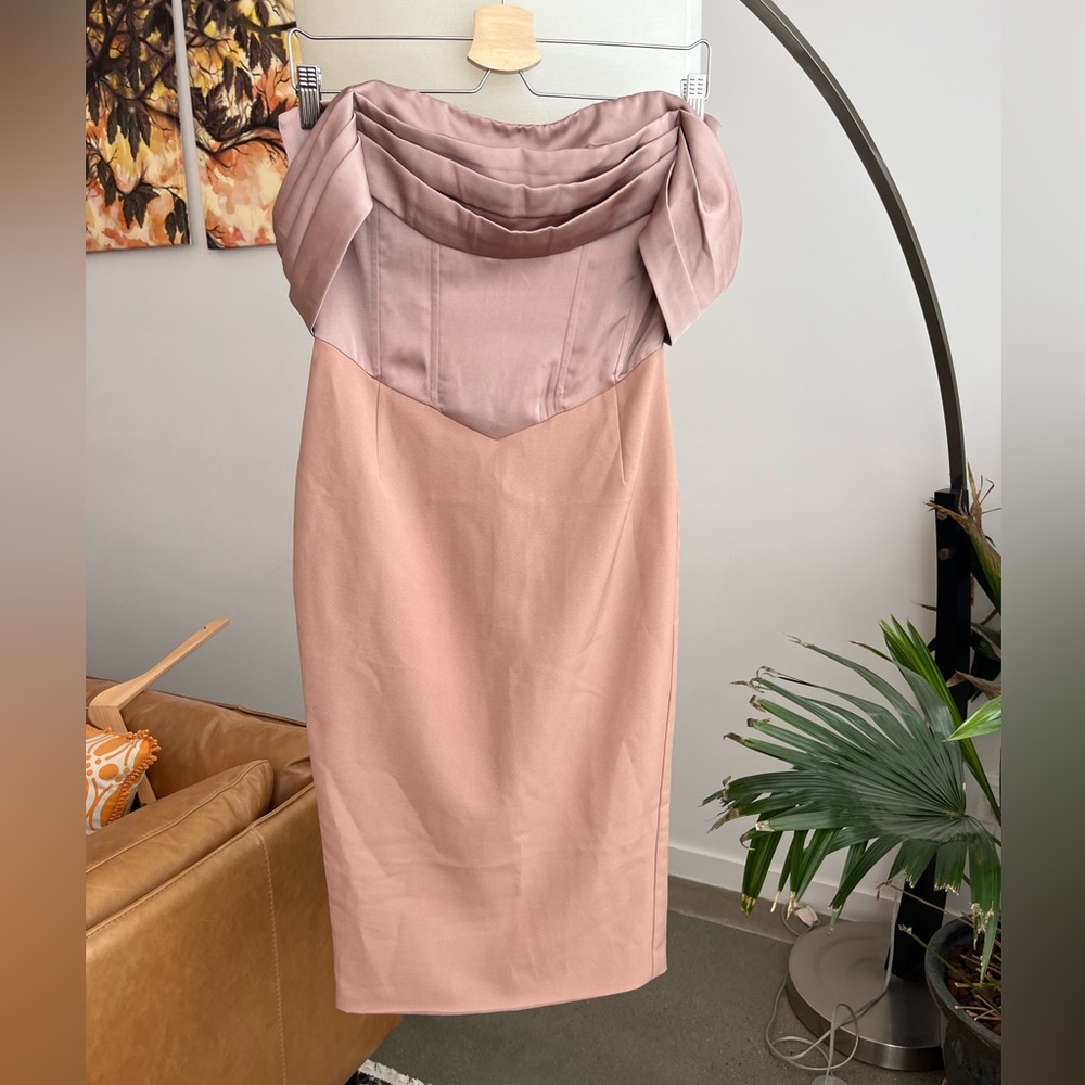 NWT Lavish Alice Mink Pleated Bardot Satin Mix Midi Dress - Picture 2 of 6